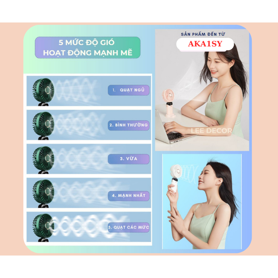 Quạt Mini Cầm Tay Tích Điện N15,Pin Sạc 10.000mAh,5 Tốc Độ Gió, Xoay Linh Hoạt 90 Độ Có Dây Đeo Cổ,Đèn LED Hiển Thị | BigBuy360 - bigbuy360.vn