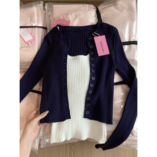  Oni.Shop_ Set Len 2 Dây Trắng Phối Áo Cadigan Xanh Than Loại 1 Tôn Dáng Quyến Rũ 