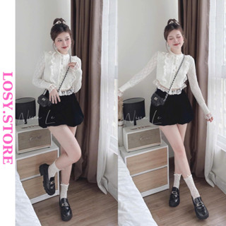 Sét đồ nữ áo len xốp phối viền bèo ren cúc bọc mix quần bí xoè phồng tiểu thư LOSY.STORE