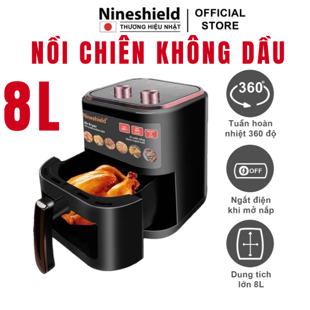 Nồi Chiên Không Dầu Nineshield 8L 12,5L 10L 15L có kính . LÒ NƯỚNG ĐỐI LƯU  bảo hành 12 tháng