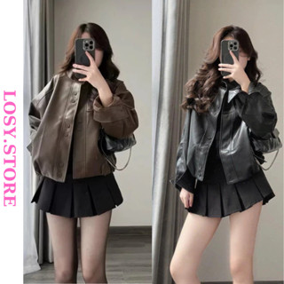  Áo Khoác Nữ Bomber Da Trơn Bo Gấu Cúc Đôi Cổ TàuThời Trang Thu Đông LOSY.STORE 