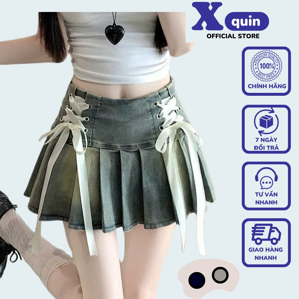 Chân váy jeans ngắn xếp li dáng xòe phối đan dây 2 bên Xquin, Chân váy xếp ly dáng ngắn xòe cạp cao 