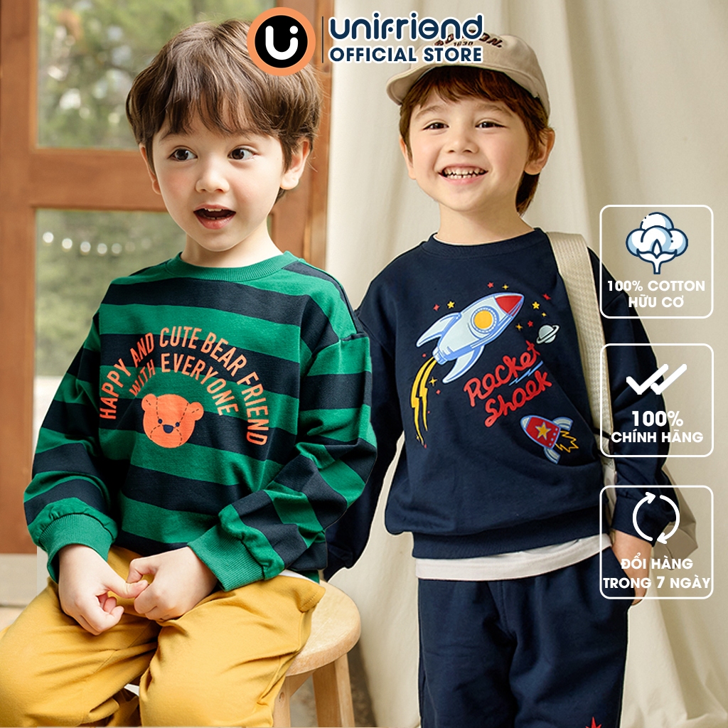  Đồ bộ tay dài quần áo thun cotton dáng rộng mặc nhà mùa hè cho bé gái và bé trai Unifriend Hàn Quốc U2023-43 Size 2-12 