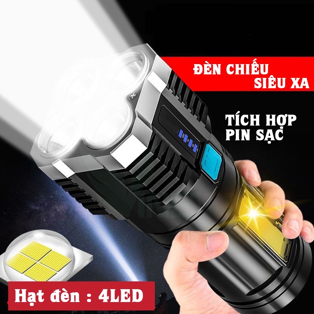 Đèn Pin Siêu Sáng Cầm Tay Chiếu Xa 4 Chế Độ Sáng Tiện Dụng, Có COB Đèn LED, Dùng pin Sạc ,Đèn Pin Mini 4 Bóng