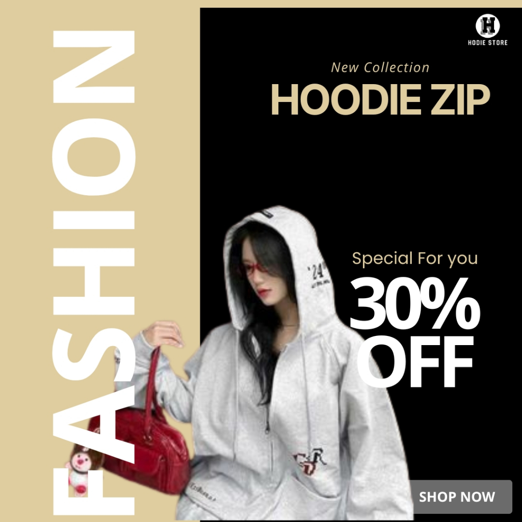 Hoodie Zip Form Boxy Unisex - Thiết Kế 2 Túi Vuông Với Họa Tiết In Keyboard