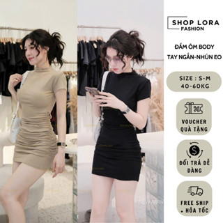 Đầm ôm body tay ngắn cổ tàu nhún eo tôn dáng phong cách Hàn Quốc 2 màu be,đen vải thun mềm mại co giãn tốt D059