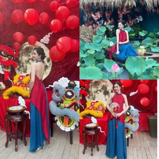 P054 - Set áo yếm đỏ cột dây hở lưng phối chân váy xanh truyền thống TẾT, Trung thu