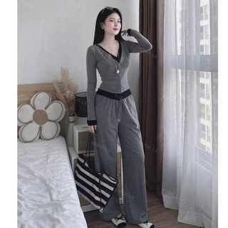 Set dài tay,Bộ dài tay cho Nữ Áo Hai Lớp Cúc Cài size 40-60 kg quần xuông ống rộng cạp chun co dãn mặc thoải mái