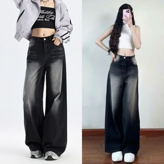 Quần jean xuông Bigsize nữ phối màu loang đen khói vải dày dặn lưng cao tôn dáng năng động size 50-100kg  - Q539