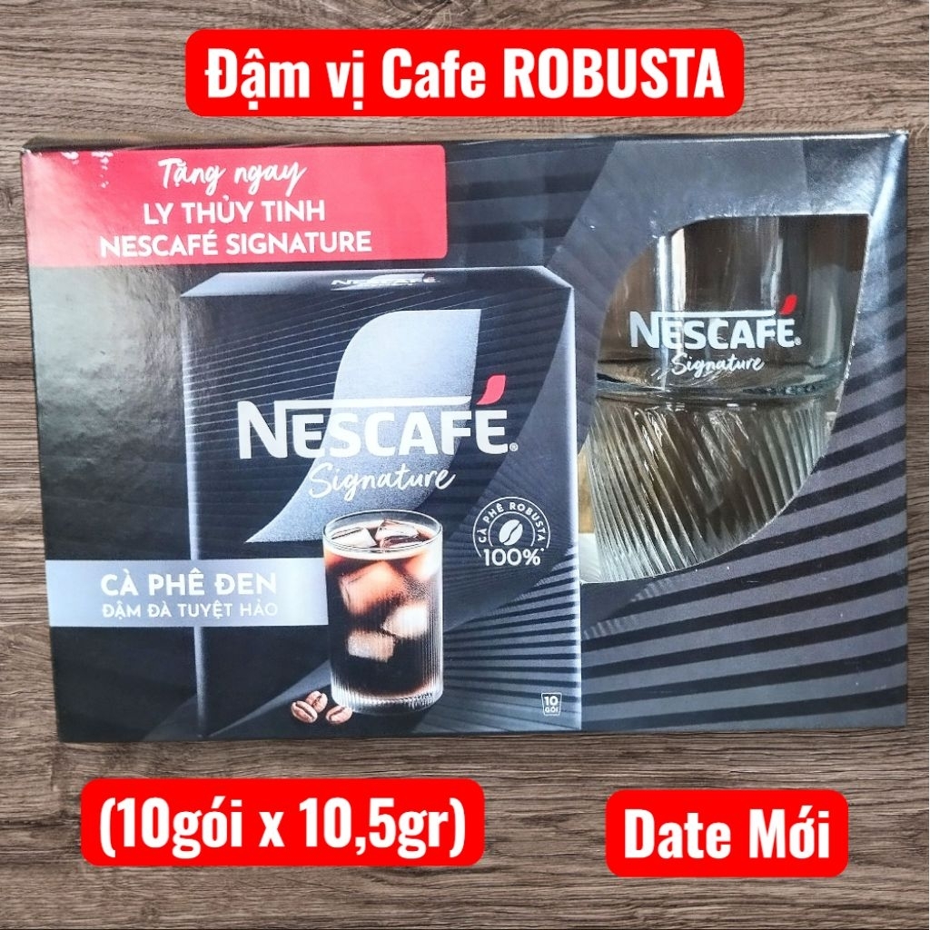 Nescafe Đen Signature Cao Cấp Đúng Vị Hạt Cafe Pha Máy(10gói + 1Ly Thủy Tinh x 10,5gram) DATE MỚI