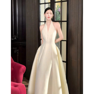  Đầm Maxi Tafta Bóng Cổ Yếm Thanh Lịch Đính Nút Bọc Phong Cách Sang Trọng Dự Tiệc Cưới Dạ Hội 