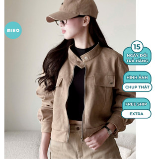 Áo khoác da lộn cổ tàu dáng lửng Miho House