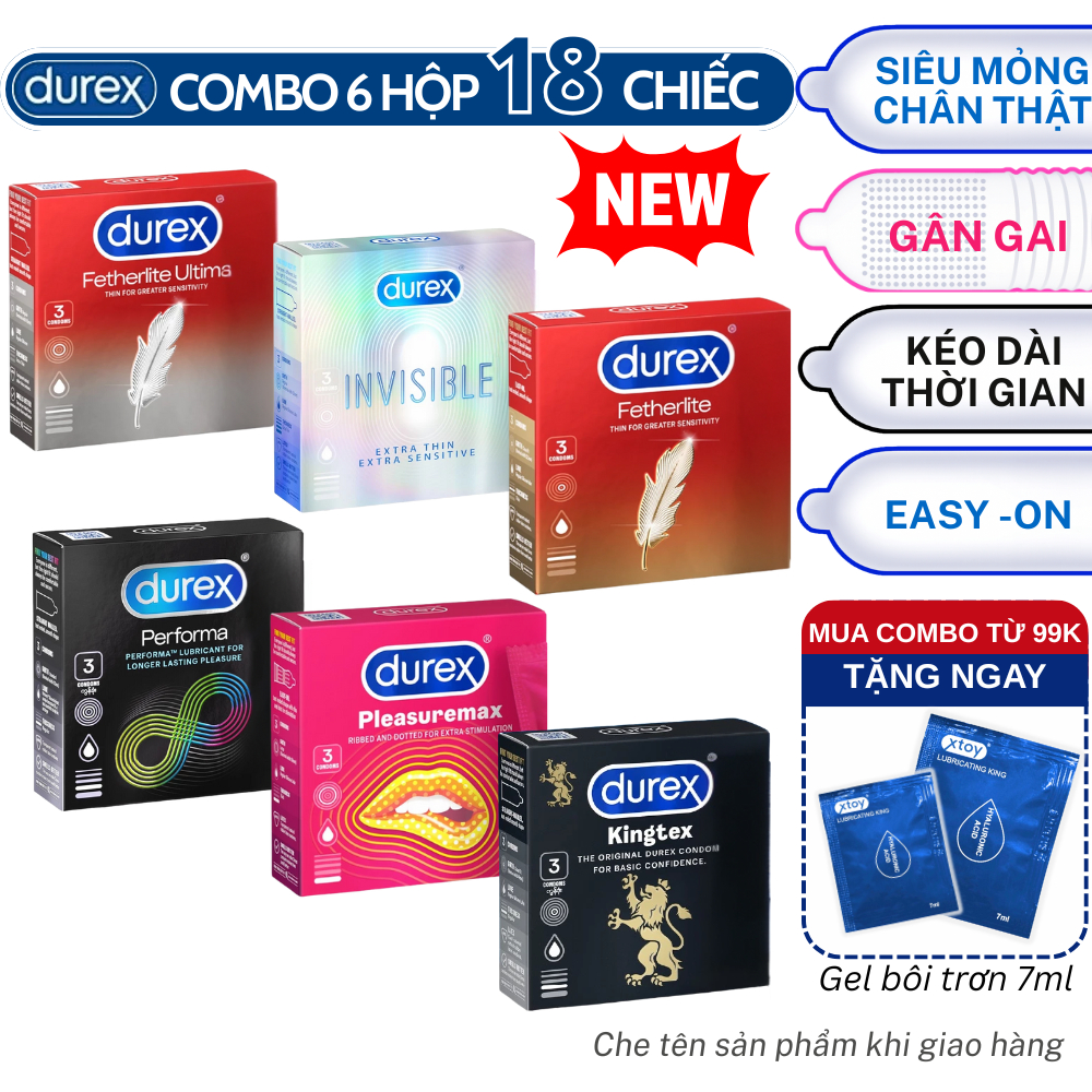 Combo Mini 6 Hộp 18 Bao Cao Su Durex Siêu Mỏng, Kéo Dài Thời Gian, Ôm sát, Gân Gai Chính Hãng