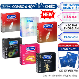 Combo Mini 6 Hộp 18 Bao Cao Su Durex Siêu Mỏng, Kéo Dài Thời Gian, Ôm sát, Gân Gai Chính Hãng