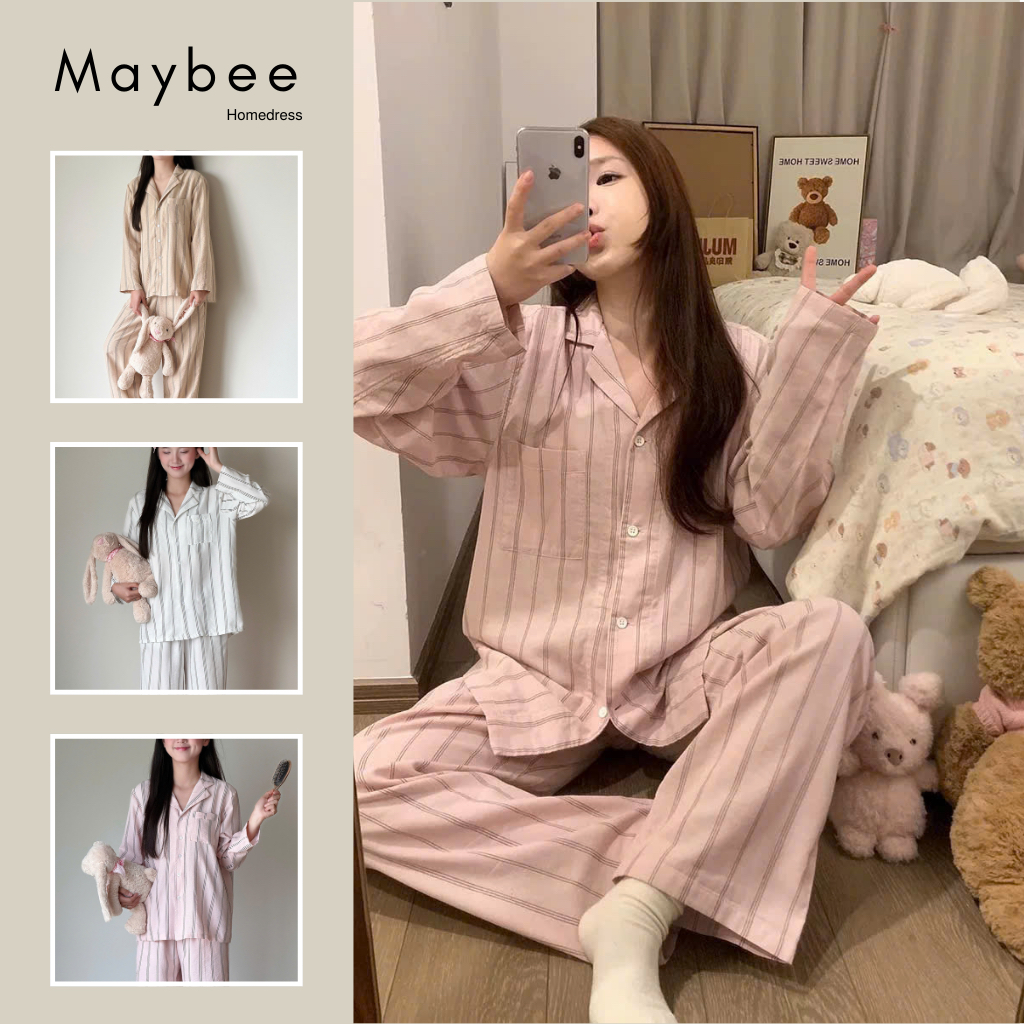 MB-SET-012 Maybee.Homedress Bộ Ngủ Dài Tay Kẻ Sọc Lớn – Chất Đũi Mềm Mịn, Thanh Lịch, Thoải Mái | BigBuy360 - bigbuy360.vn