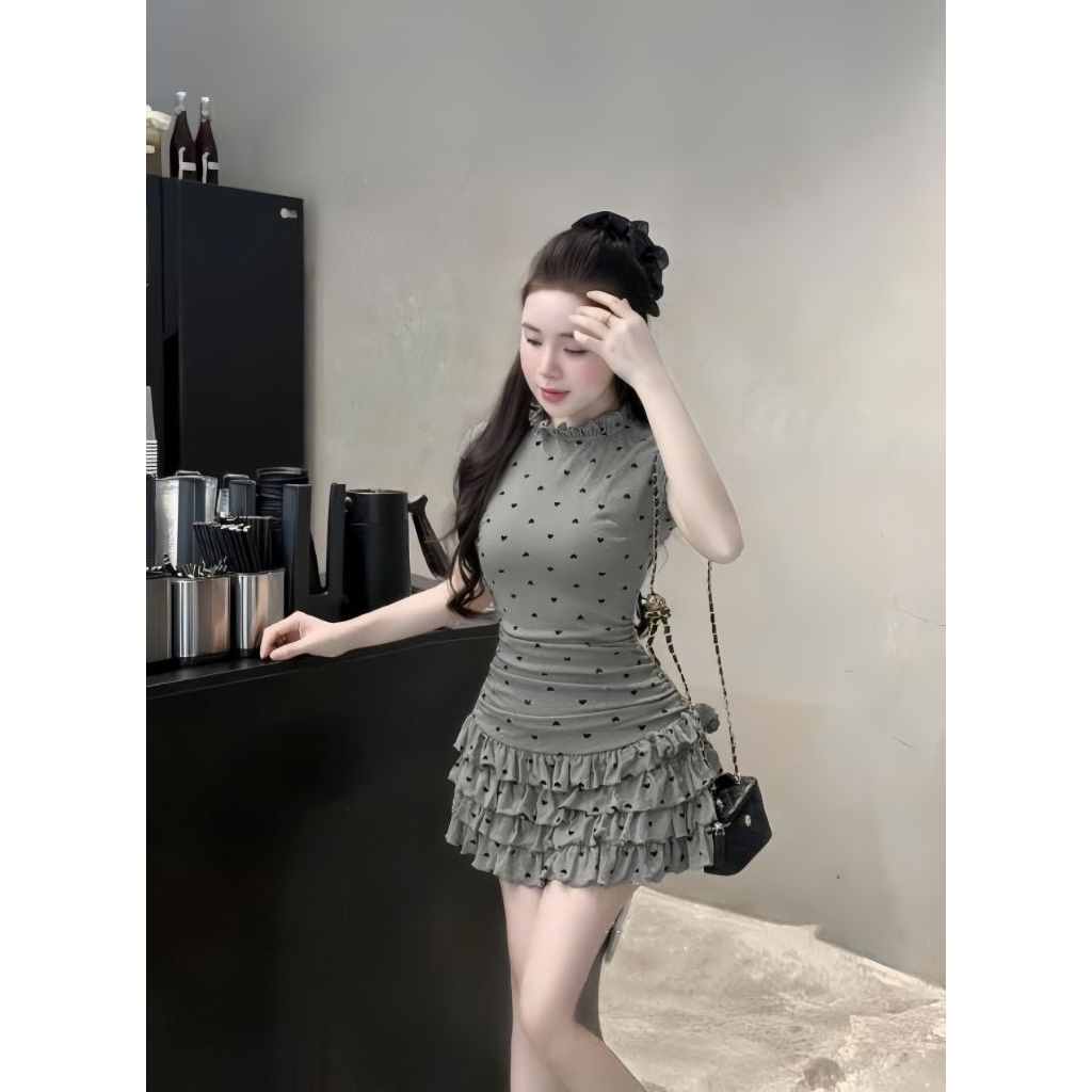 Đầm tiểu thư bèo tầng cổ tròn thun tăm in trái tim kèm quần rời, váy nữ liền thân dự tiệc, đi chơi tôn dáng A95 | BigBuy360 - bigbuy360.vn