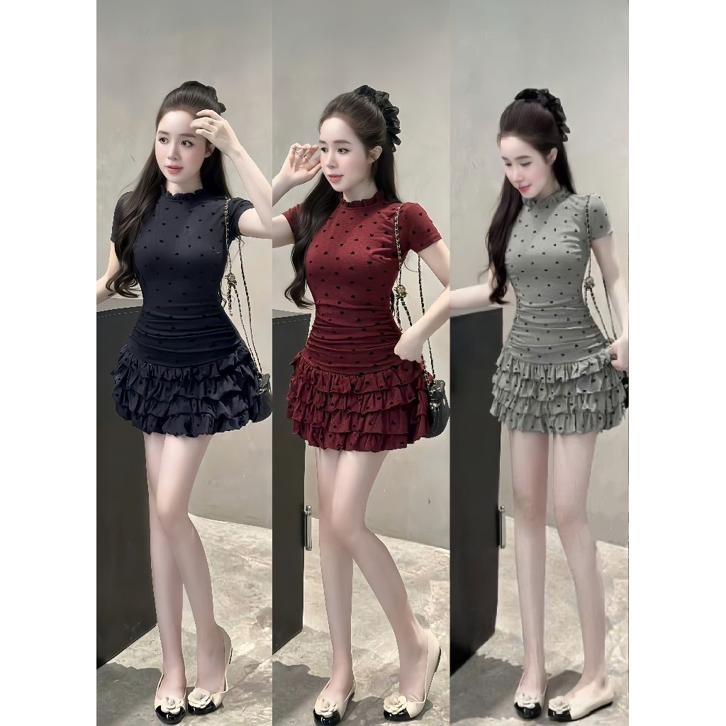 Đầm tiểu thư bèo tầng cổ tròn thun tăm in trái tim kèm quần rời, váy nữ liền thân dự tiệc, đi chơi tôn dáng A95