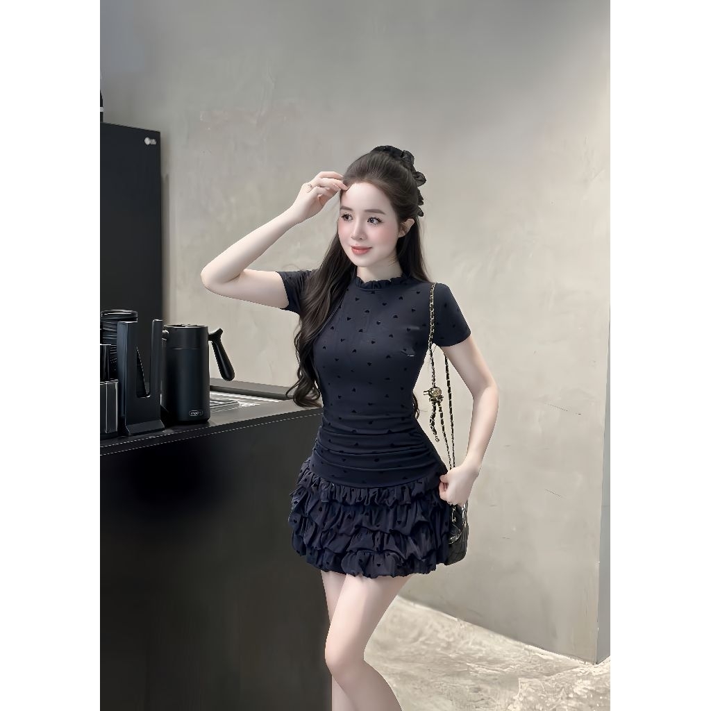 Đầm tiểu thư bèo tầng cổ tròn thun tăm in trái tim kèm quần rời, váy nữ liền thân dự tiệc, đi chơi tôn dáng A95 | BigBuy360 - bigbuy360.vn