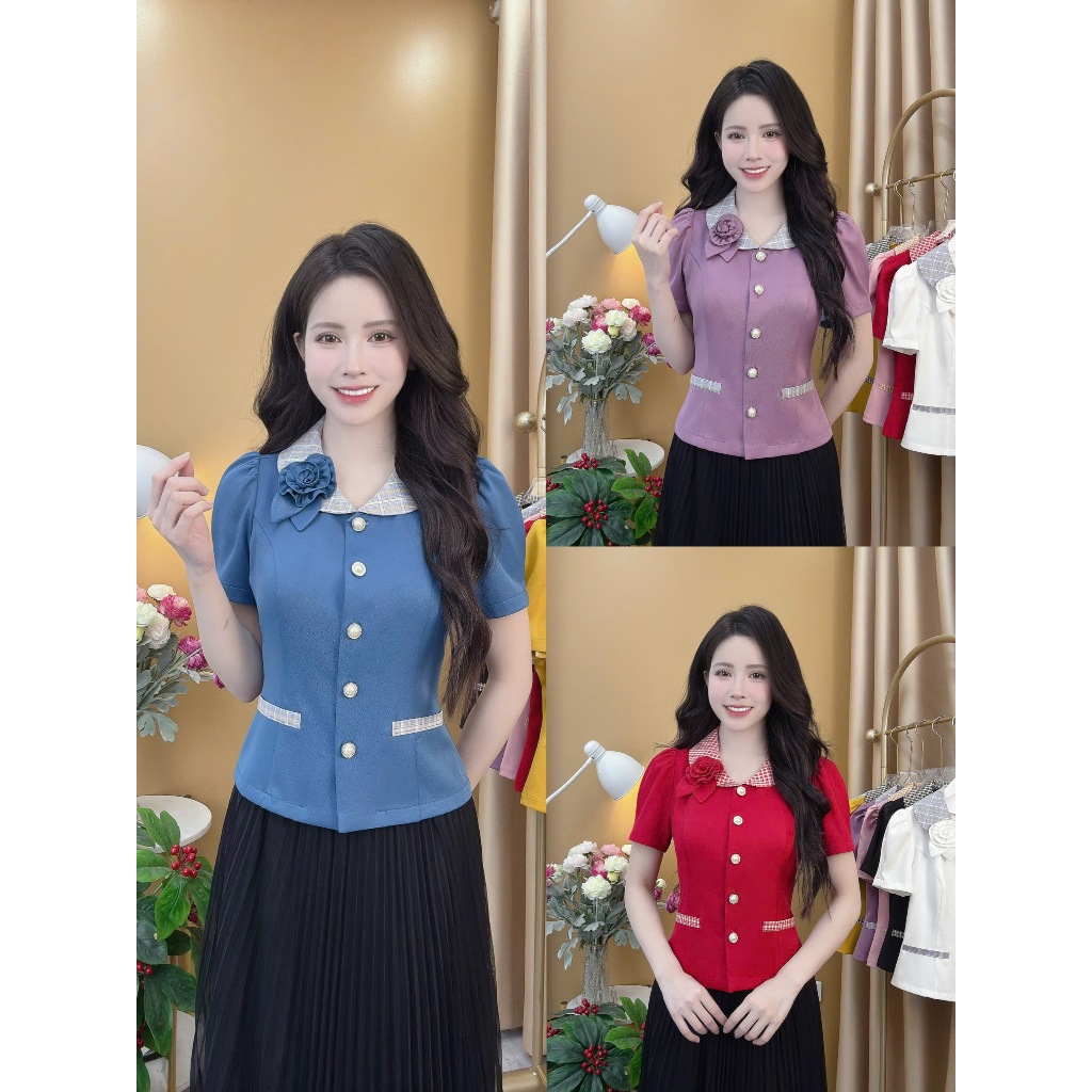 Áo Sơ Mi Nữ Dáng Peplum A76 – Cổ Kẻ Kết Hợp Hoa Đính Sang Trọng & Tôn Dáng Cho Quý Cô Công Sở