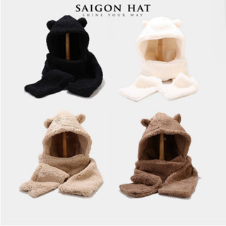 Mũ len nữ lông cừu tai gấu dễ thương  nón len nữ chụp đầu khăn choàng cổ bao tay giữ ấm mùa đông phong cách Hàn Quốc