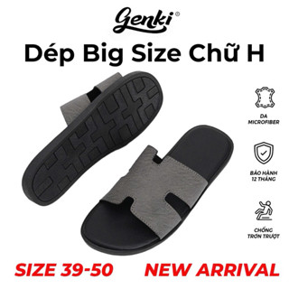  Dép Nam Big Size Chữ H GENKI Màu Đen Xám Quai Da Đế Cao Su Chống Trơn Trượt - Dép H 