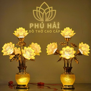  Đèn Thờ Bông Sen 5 Hoa Nhỏ Gọn Cao 40 cm Dâng Bàn Thờ  - Chất liệu hợp kim cao cấp - Tặng Led HCM 