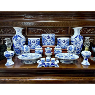 Bộ thờ cúng men xanh lam trắng hoạ tiết hoa sen đẹp - đồ thờ cúng gia tiên thổ công bàn thờ thần tài gốm sứ Bát Tràng