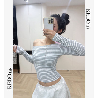    MỞ BÁN REDO   ÁO THUN LỆCH VAI TAY DÀI HOẠ TIẾT KẺ SỌC ÔM BODY BASIC 