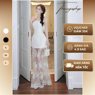 Đầm dự tiệc cúp nơ lưng váy ren hoa dáng dài màu trắng màu đen size S M L sang trọng thanh lịch D01188