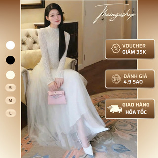  Đầm dự tiệc chất ren tay dài phối lưới dáng maxi màu nude màu trắng màu đen size S M L sang trọng D1024 
