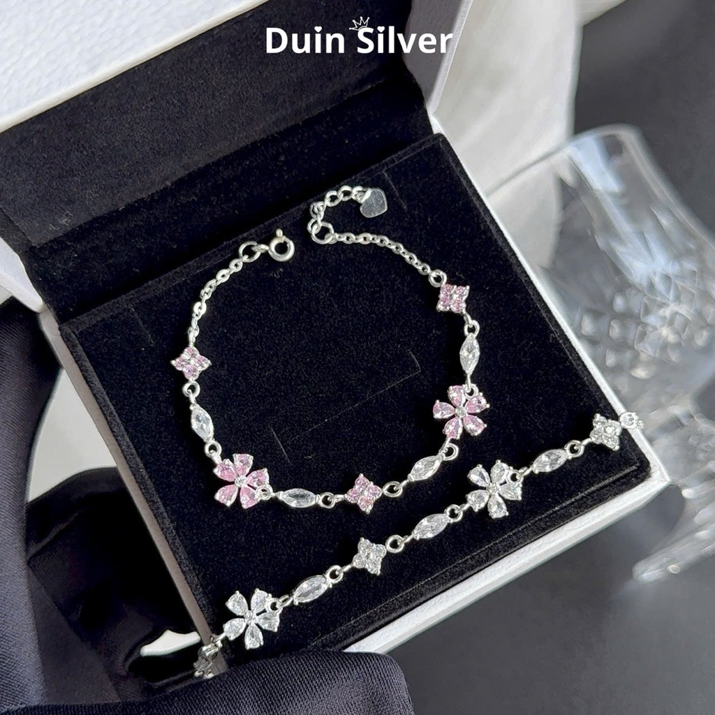 Lắc tay bạc nữ DUIN SILVER Lắc đá hạt gạo 5 cánh mix cỏ 4 lá trắng hồng bạc thật