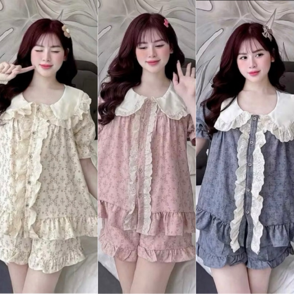 Set Bộ Ngủ Pijama Nữ Vải Đũi Hoạ Tiết Hoa CC60