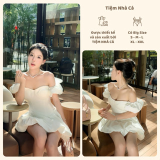 Váy trắng nữ bánh bèo tiểu thư trễ vai chân váy bí mặc đi tiệc cafe sinh nhật [Pearl Puff dress] Tiệm Nhà Cá