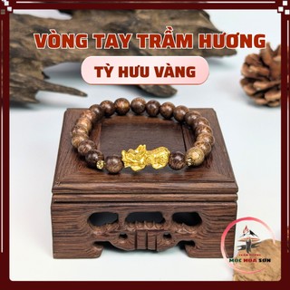  Vòng Tay Trầm Hương Tròn Đơn Mix Tỳ Hưu Vàng - Trầm Hương Mộc Hỏa Sơn - 6,7,8,10,12,14,16 Li 