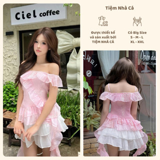 Váy hồng trắng nữ bánh bèo tiểu thư trễ vai chân váy 2 lớp có tà xòe mặc đi biển cafe sinh nhật [Clara Set] Tiệm Nhà Cá