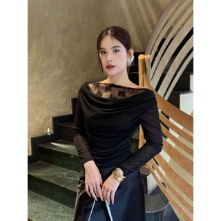  Áo trễ vai phối ren tay dài trắng đen  N6 - Orimi 