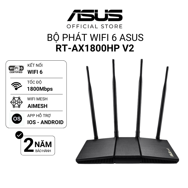 Bộ phát wifi 6 Asus RT-AX1800HP v2 MU-MIMO 1800Mbps (Xuyên tường) - Router Có Thể Mở Rộng Wifi Mesh