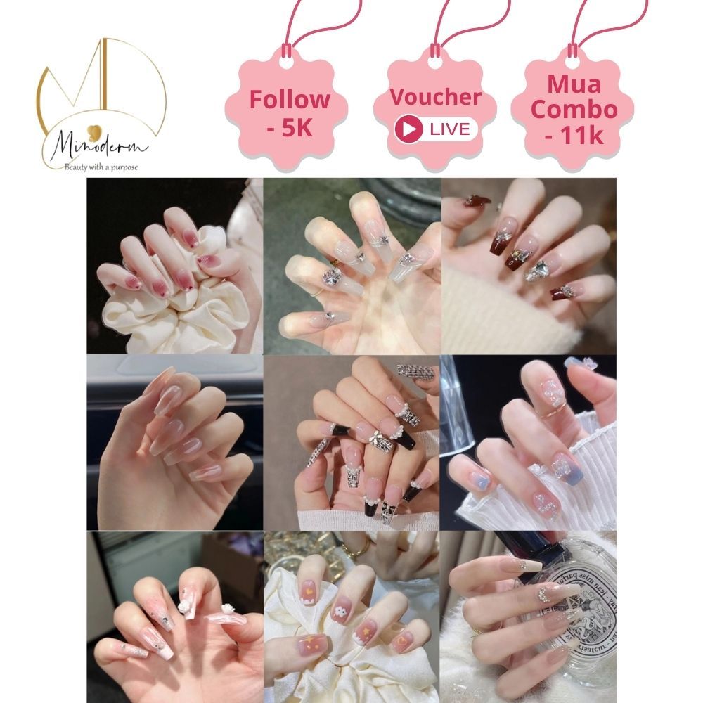 Móng tay giả Minoderm Nail box kèm keo gắn, dáng ngắn, dài, thiết kế trơn, đính đá sang trọng