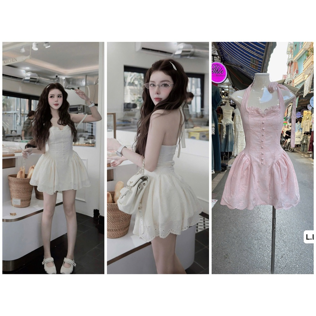 #MPB - Đầm Xô Đũi Xoè Nút Bọc Cổ Yếm Nơ Có Bảo Hộ