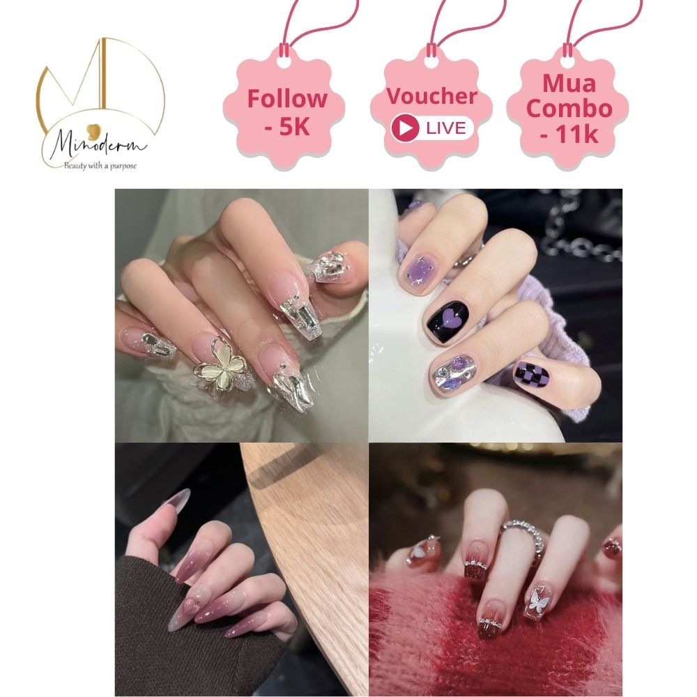Móng tay giả Minoderm Nail box kèm keo gắn, dáng ngắn, dài, thiết kế trơn, đính đá sang trọng