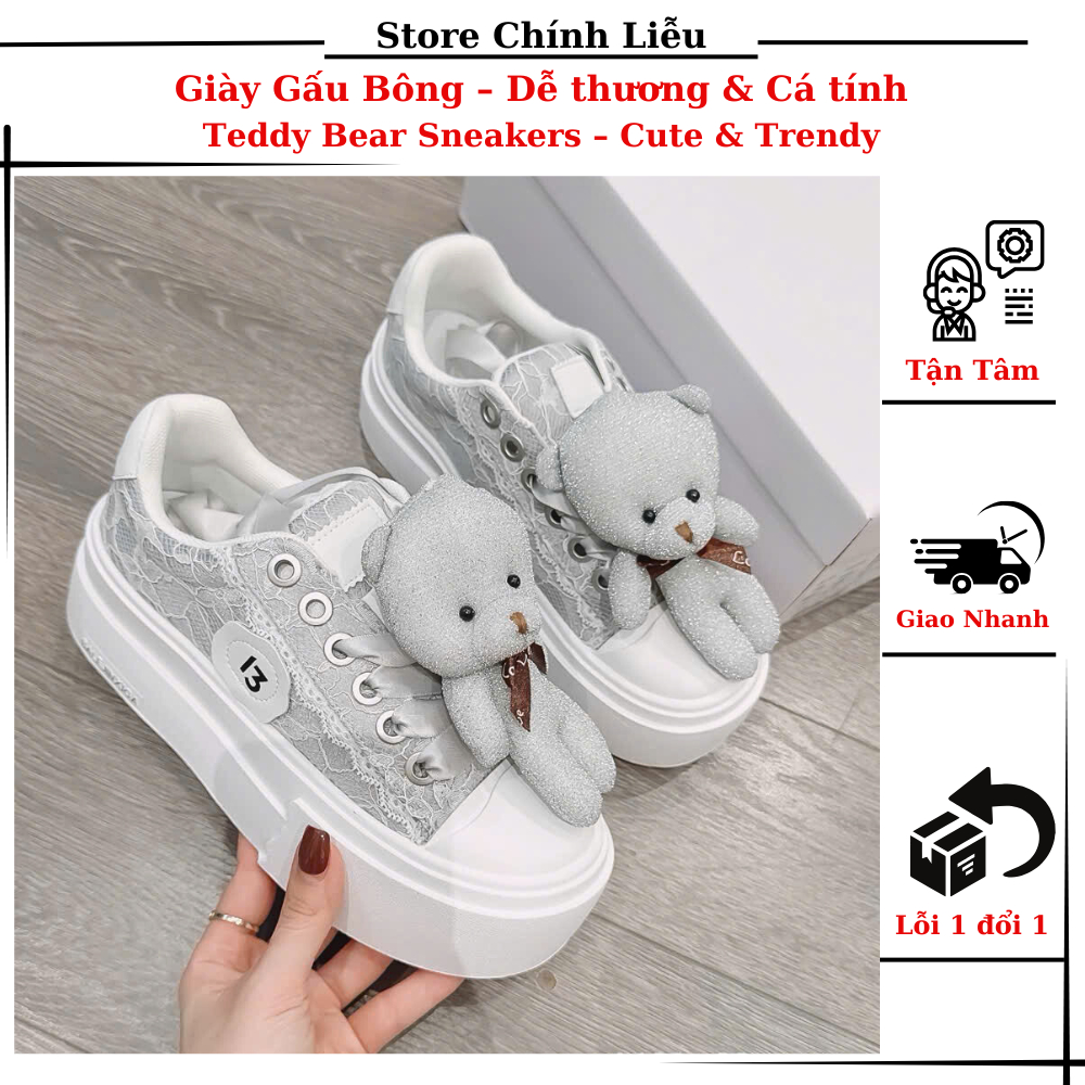 Sneaker Gấu Bông Trắng – Dễ Thương & Nổi Bật | Teddy Bear White Sneakers – Chính Liễu Store
