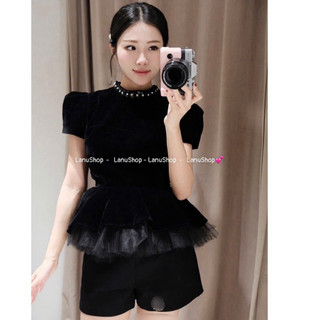   Sẵn  Áo nhung Cộc bèo Lưới Cổ Đính Kim Sa sang chảnh Áo Peplum Tay phồng Đen LanuShop 