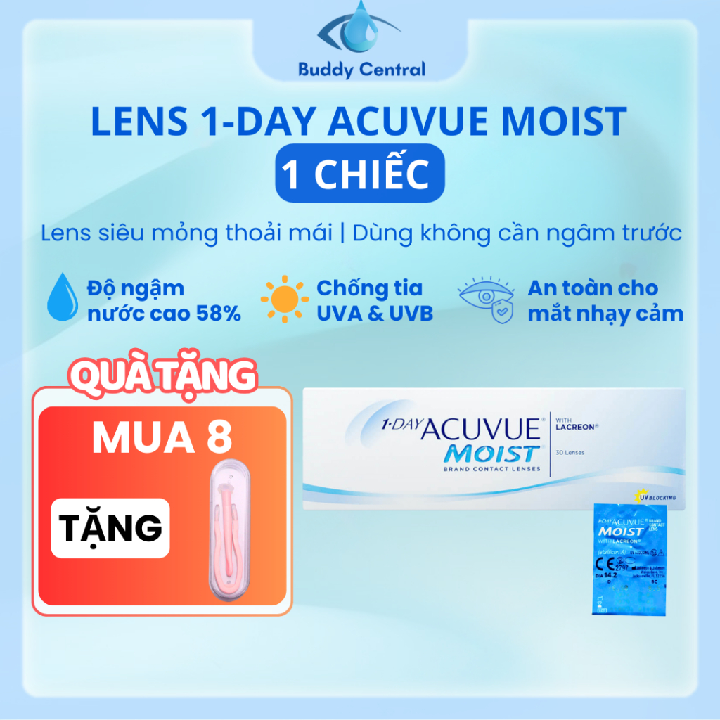 (1 chiếc lẻ) Lens Acuvue Moist 1 ngày không màu, 1 day Acuvue Moist full độ cận - Buddy Central