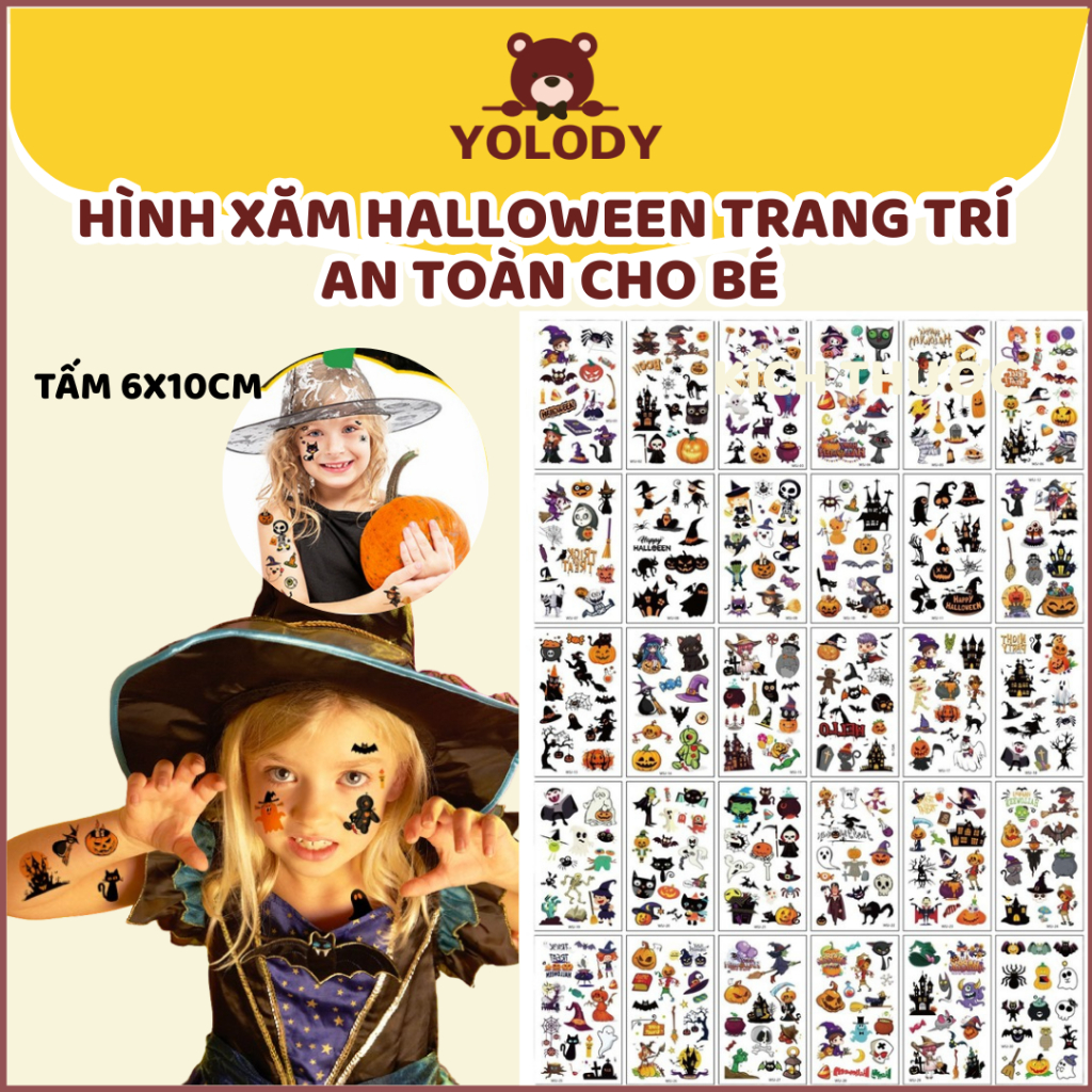 Hình Xăm Dán Mặt Halloween an toàn cho Trẻ Em hình dán Hoạt Hình Trang Điểm Mặt Dễ Thương Yolody