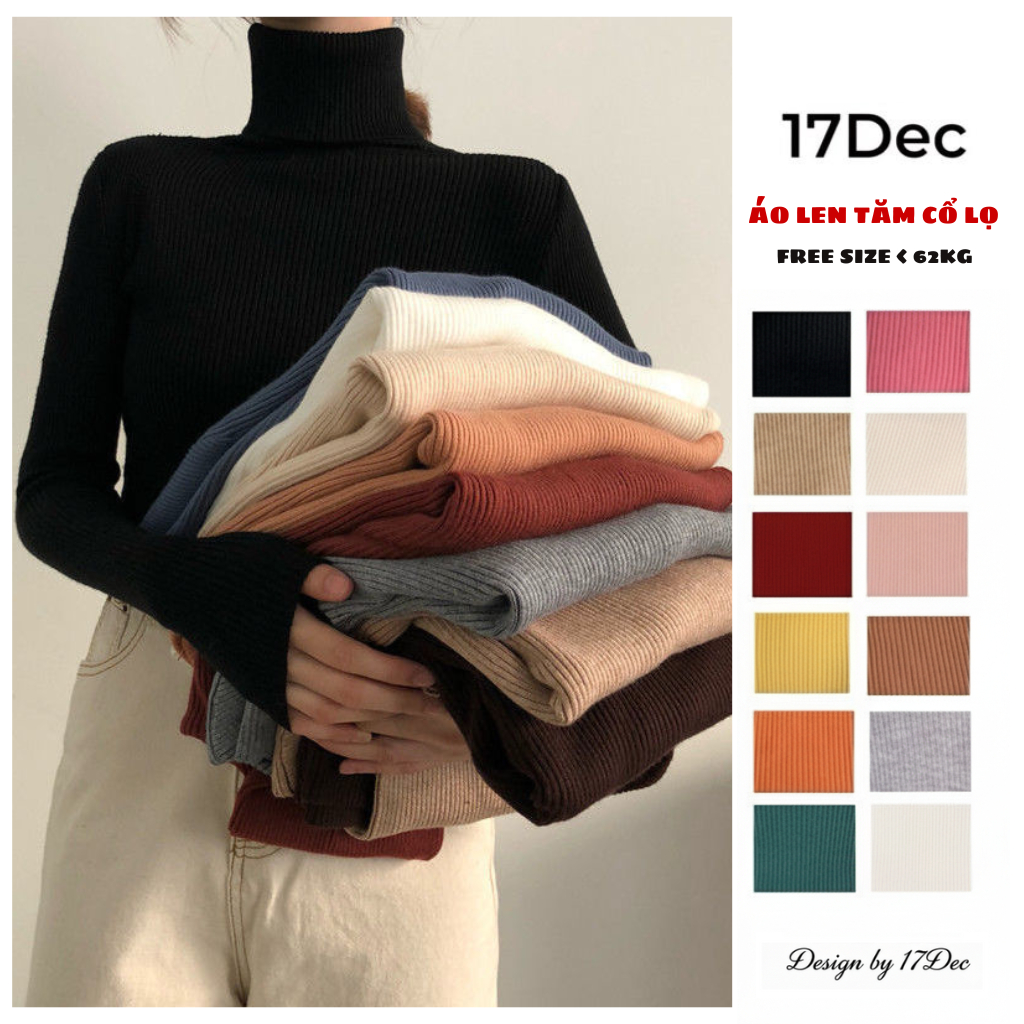Áo len tăm cổ lọ QC 17DEC, áo len cao cổ giữ nhiệt nhiều màu cho nữ