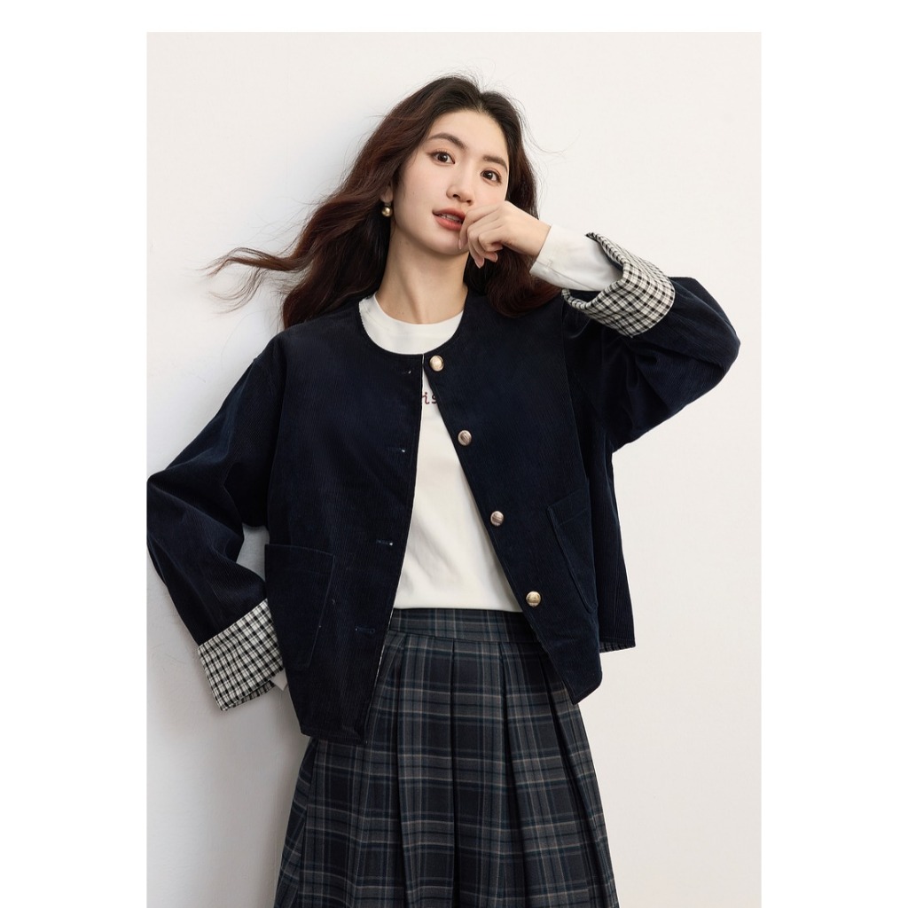 Azura Studio A158 Áo khoác nhung cổ tròn phối kẻ ô