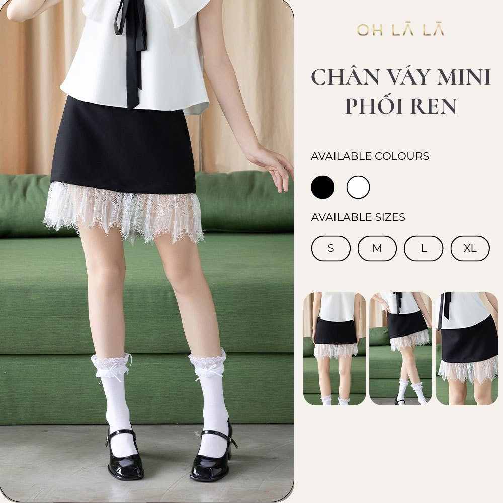 (OHLALA) Chân Váy Ren Ngắn 2 Màu Đen Trắng Nữ Tính, Chân Váy Công Sở Dễ Phối Đồ