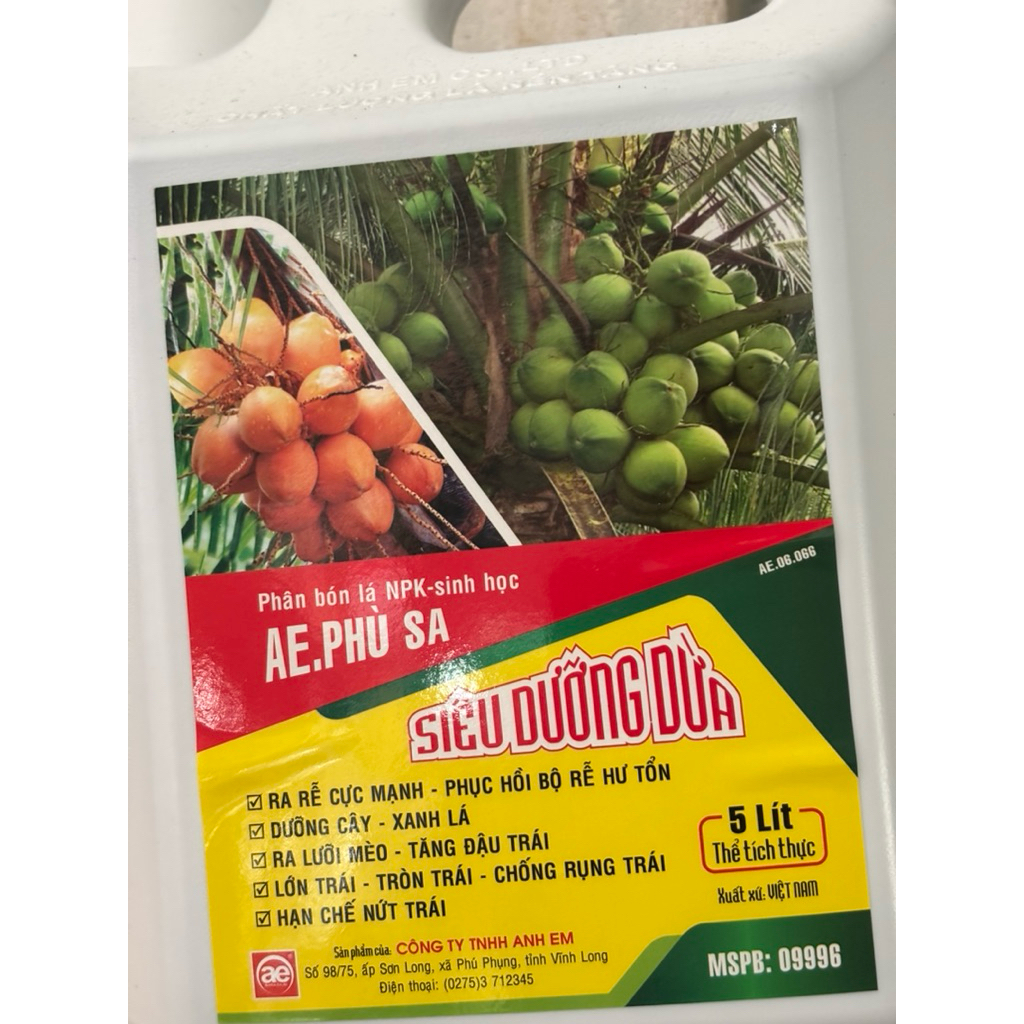 NPK Sinh học AE Phù Sa Siêu Dưỡng Dừa 5L: Ra rể cải tạo đất, đậu trái, lớn trái, tròn trái