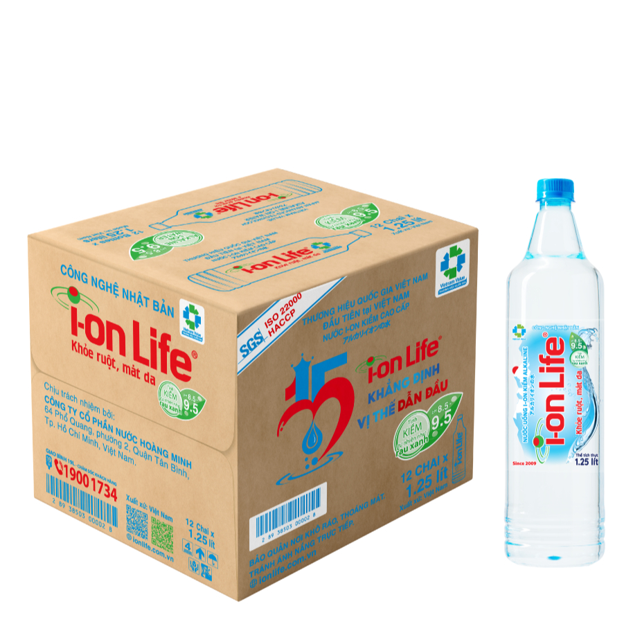 Thùng 12 Chai Nước Uống ION Kiềm Cao Cấp ION LIFE  1,25L  -  Khoẻ ruột, Mát gan, Hỗ trợ tiêu hoá, Tr