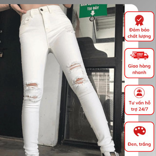 Quần jean nữ trắng rách gối, Quần bò nữ cạp cao skinny jeans co giãn rách đùi